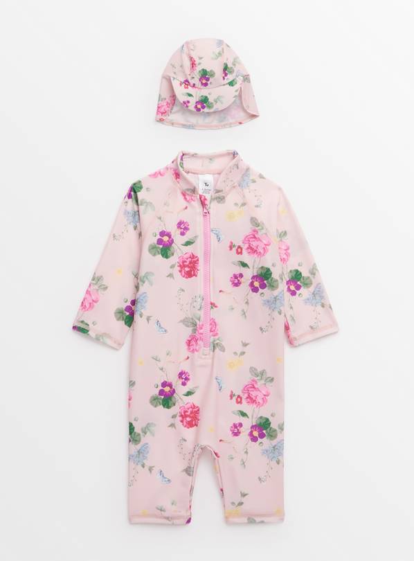 Pink Floral Print Swimsuit & Keppi Hat 6-9 months
